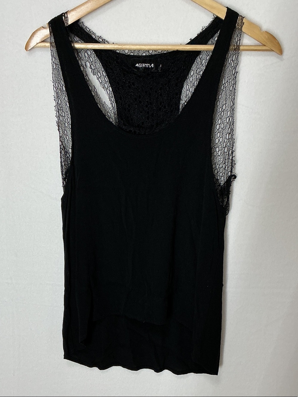 4SI3NNA Women’s Black Tank Top with Sheer Lace Trim S